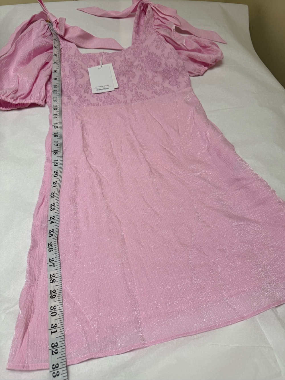 NwT & Other Stories Shimmer Bow Puff Sleeve Pink Textured Mini Dress🌸 - Picture 5 of 12